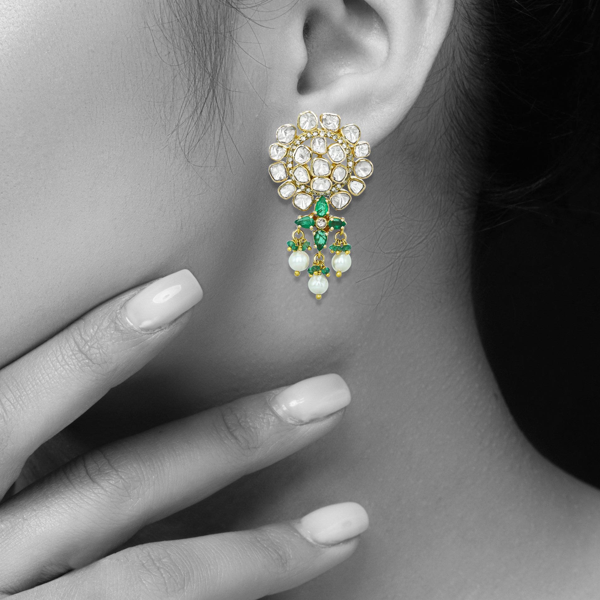 Floral Open Polki Earrings with Emerald and Pearl Drops